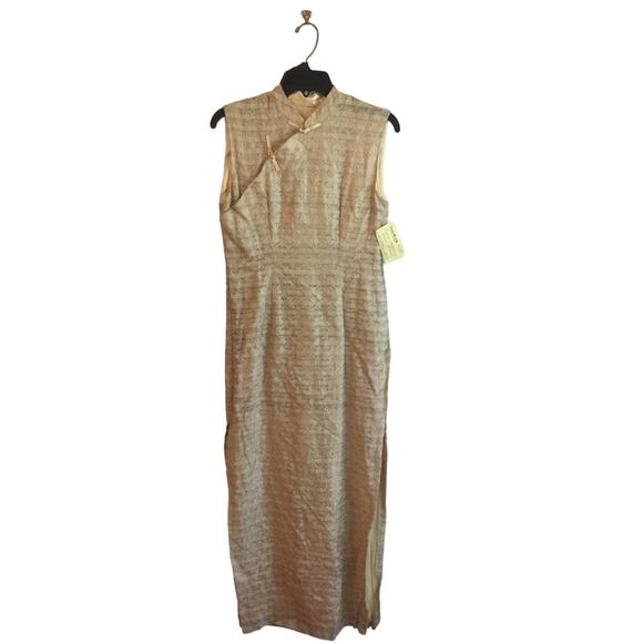 Vintage M Asian Cream maxi dress stripes & swirls metallic formal dress